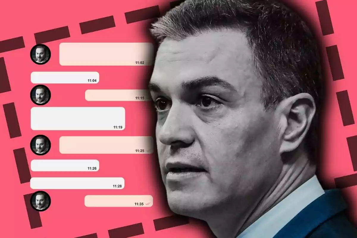 Pedro Sánchez en blanc i negre apareix en primer pla sobre un fons vermell amb un disseny de bombolles de xat i fotos de perfil de José Luis Ábalos.
