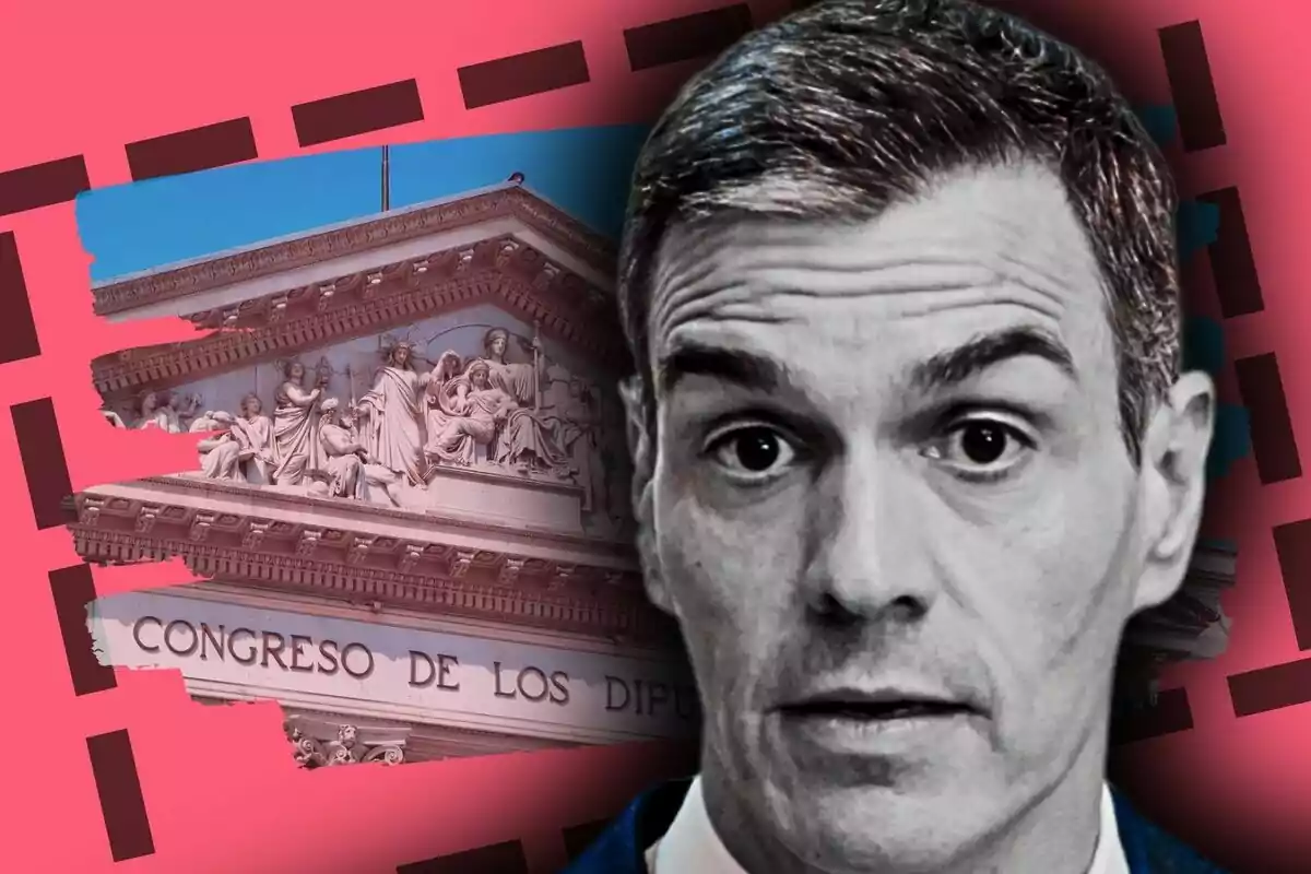Primer pla de Pedro Sánchez en blanc i negre amb expressió seriosa sobre un fons de color rosa i l’edifici del Congrés dels Diputats d’Espanya.