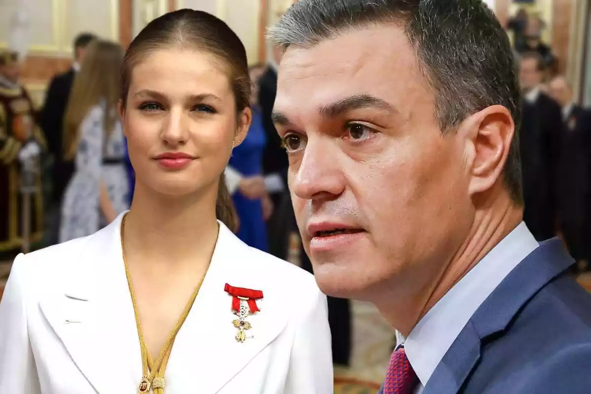 Muntatge de fotos de primer pla de Pedro Sánchez i la princesa Leonor amb el Congrés dels Diputats de fons