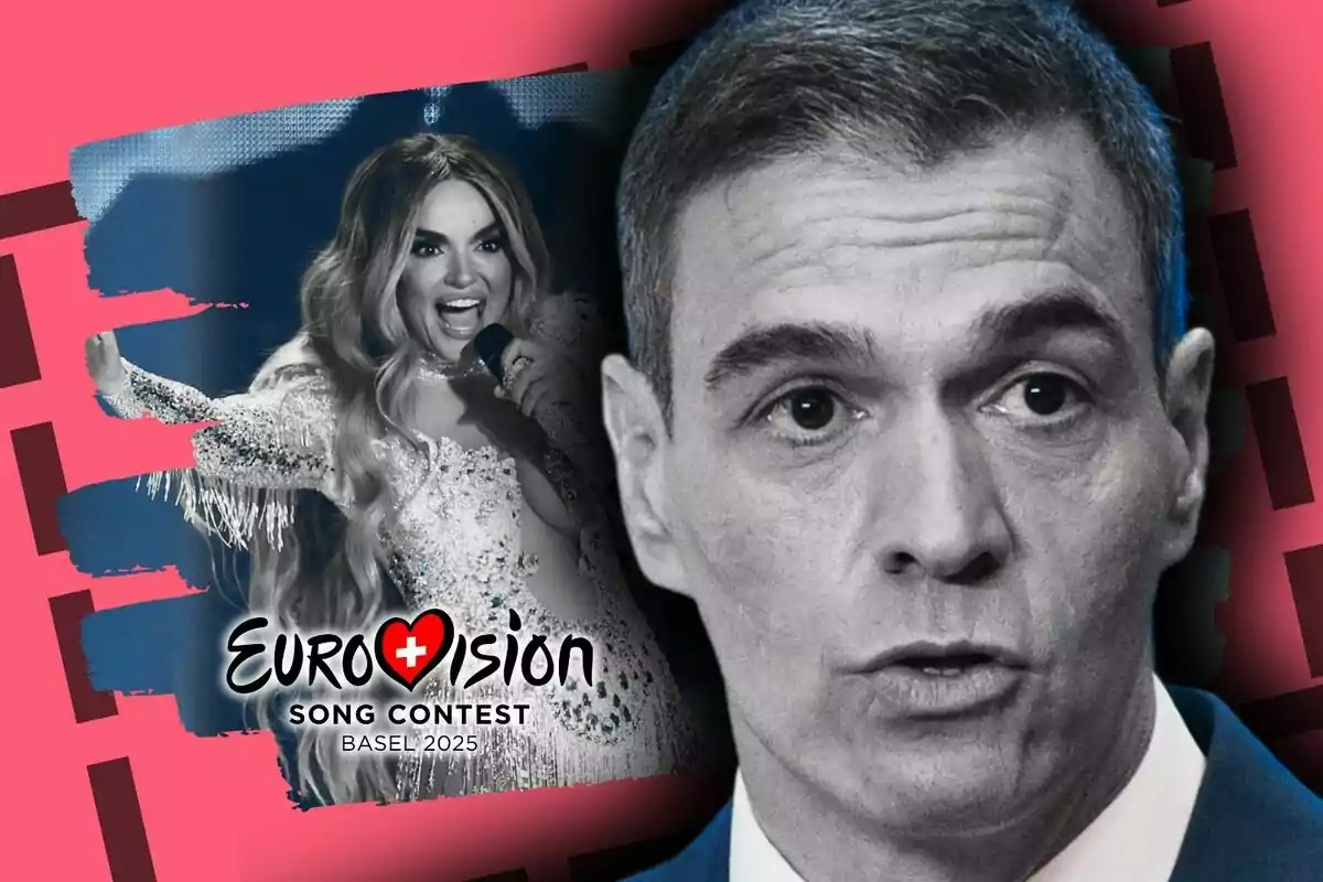 Una imatge composta mostra a Melody cantant amb un micròfon i vestida amb un vestit brillant, al costat del logotip del Festival de la Cançó d'Eurovisió 2025 a Basilea, mentre que en primer pla apareix el rostre de Pedro Sánchez en blanc i negre sobre un fons rosa.