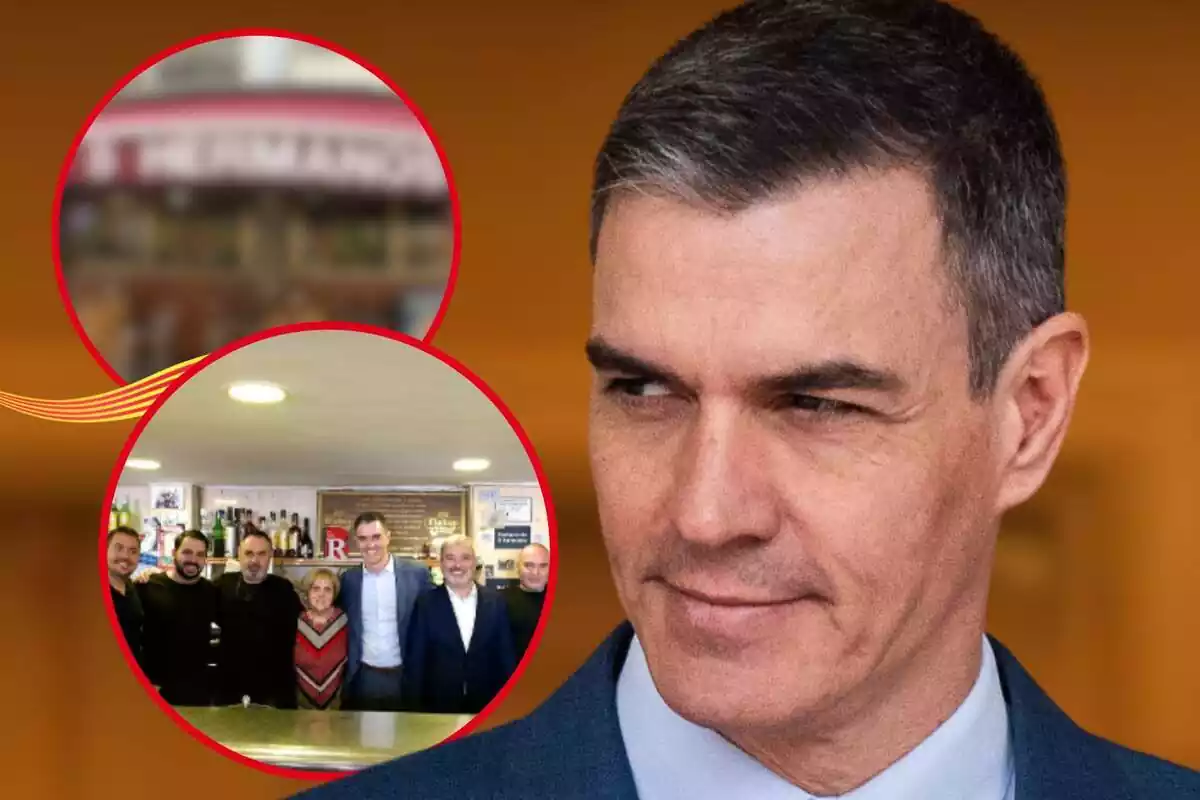 Muntatge de fotos de primer pla de Pedro Sánchez amb rostre mig somrient i, al costat, una imatge d'ell al restaurant 5germanos de Barcelona