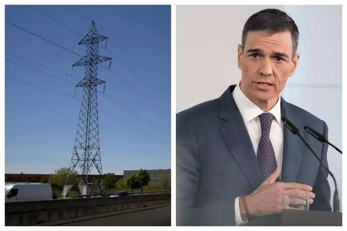 Una torre d'electricitat a l'esquerra i Pedro Sánchez amb rostre seriós i vestit amb un vestit parlant en un micròfon a la dreta. Una torre d'electricitat a l'esquerra i Pedro Sánchez amb rostre seriós i vestit amb un vestit parlant en un micròfon a la dreta.