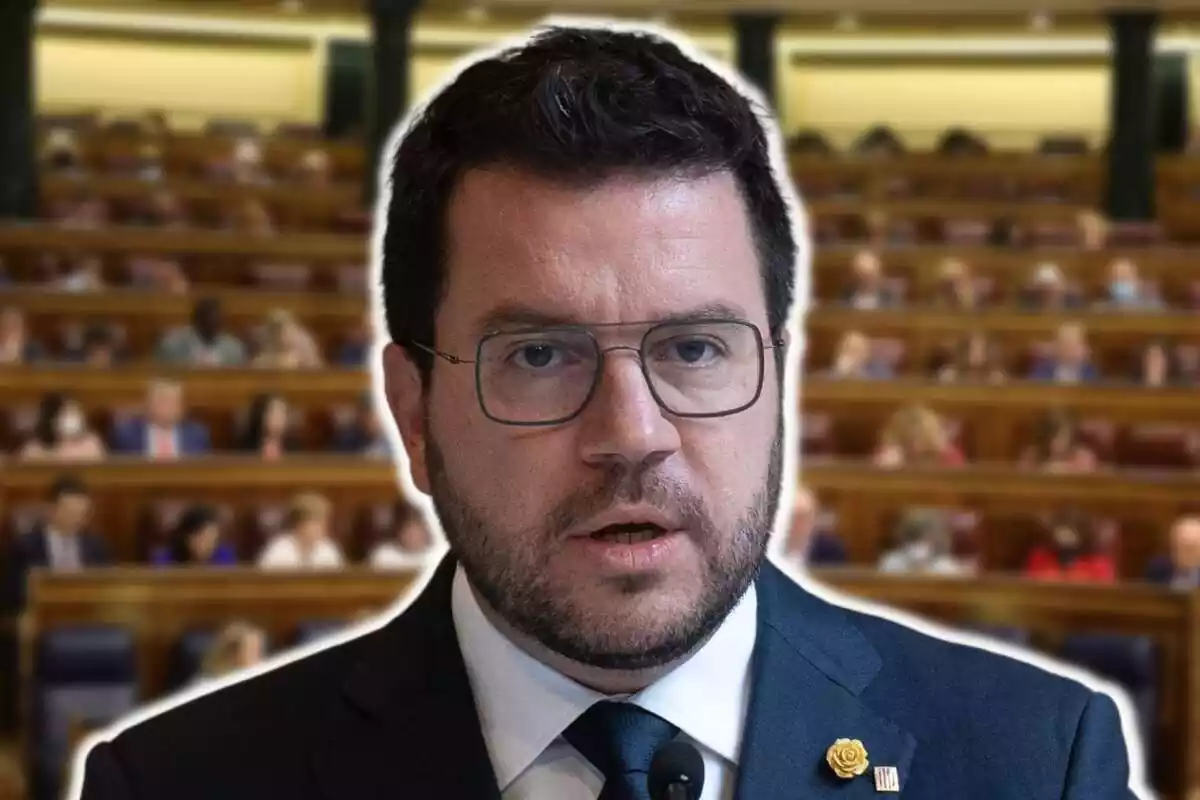 Muntatge de fotos de Pere Aragonès, amb rostre seriós, i de fons una imatge difuminada del Senat