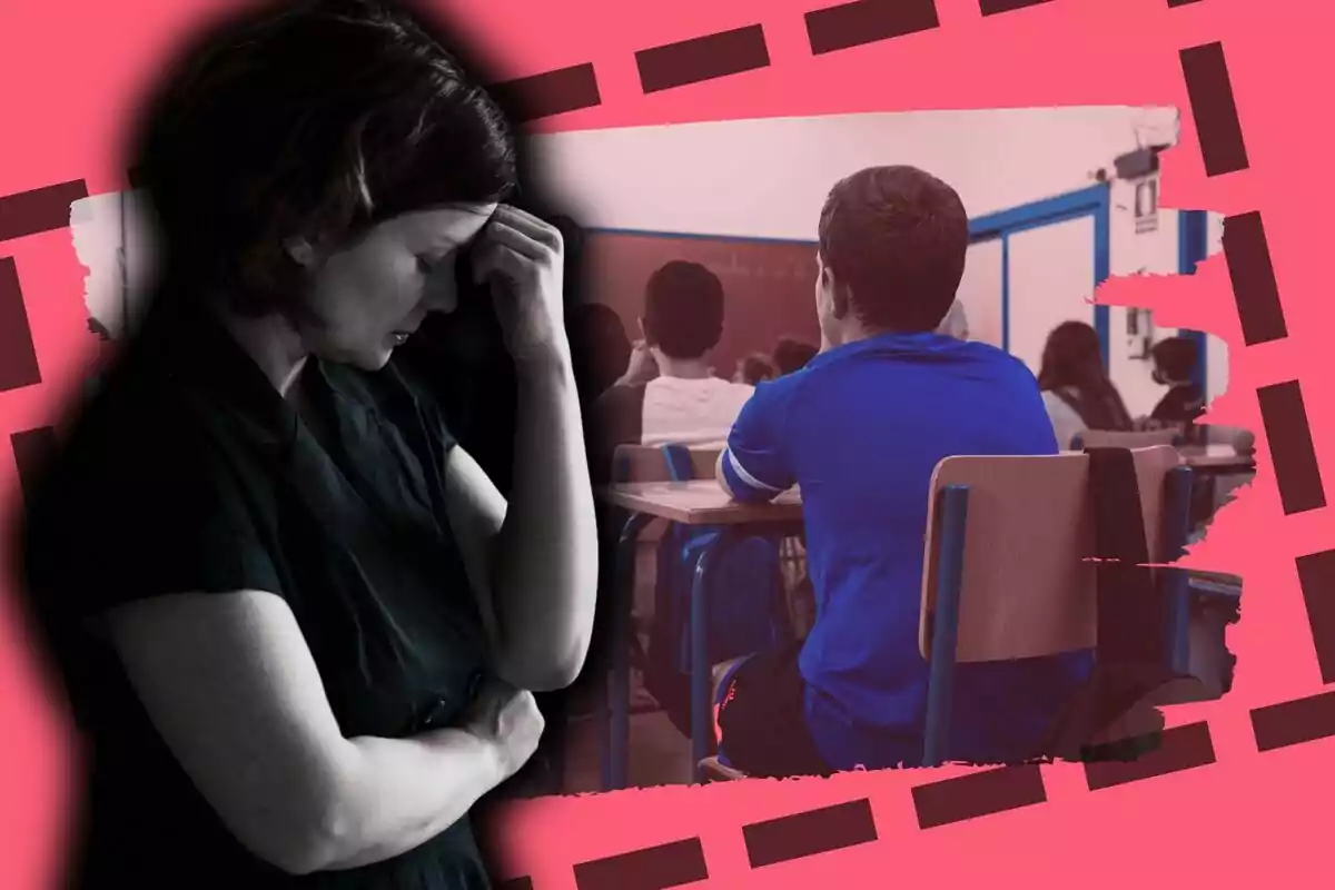 Una professora amb expressió de preocupació i un grup d'estudiants asseguts en una aula, amb un disseny gràfic en tons rosats i negres.