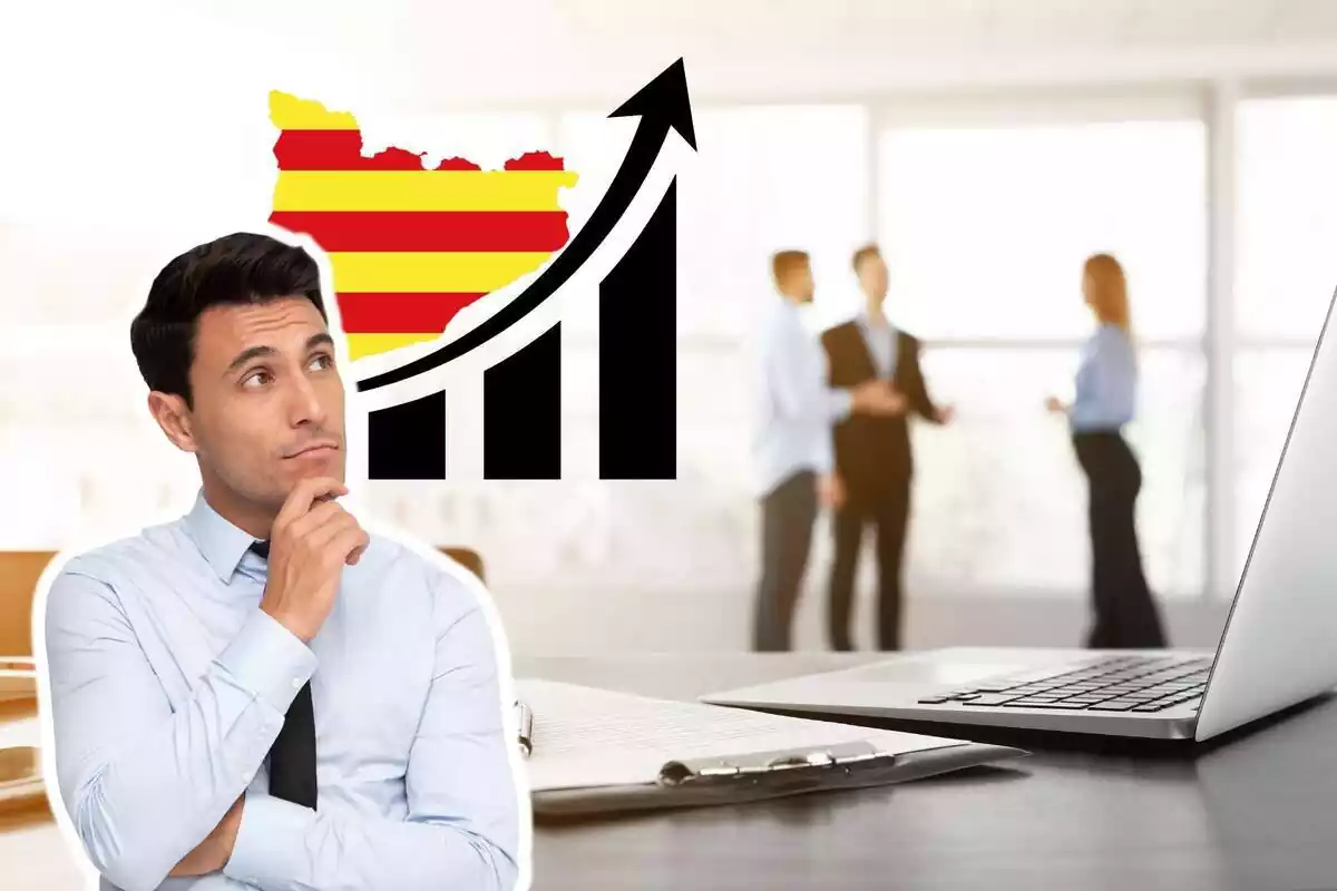 Muntatge de fotos de la sucursal d'un banc i, davant, un home amb cara pensativa i un gràfic de barres al costat amb la bandera catalana