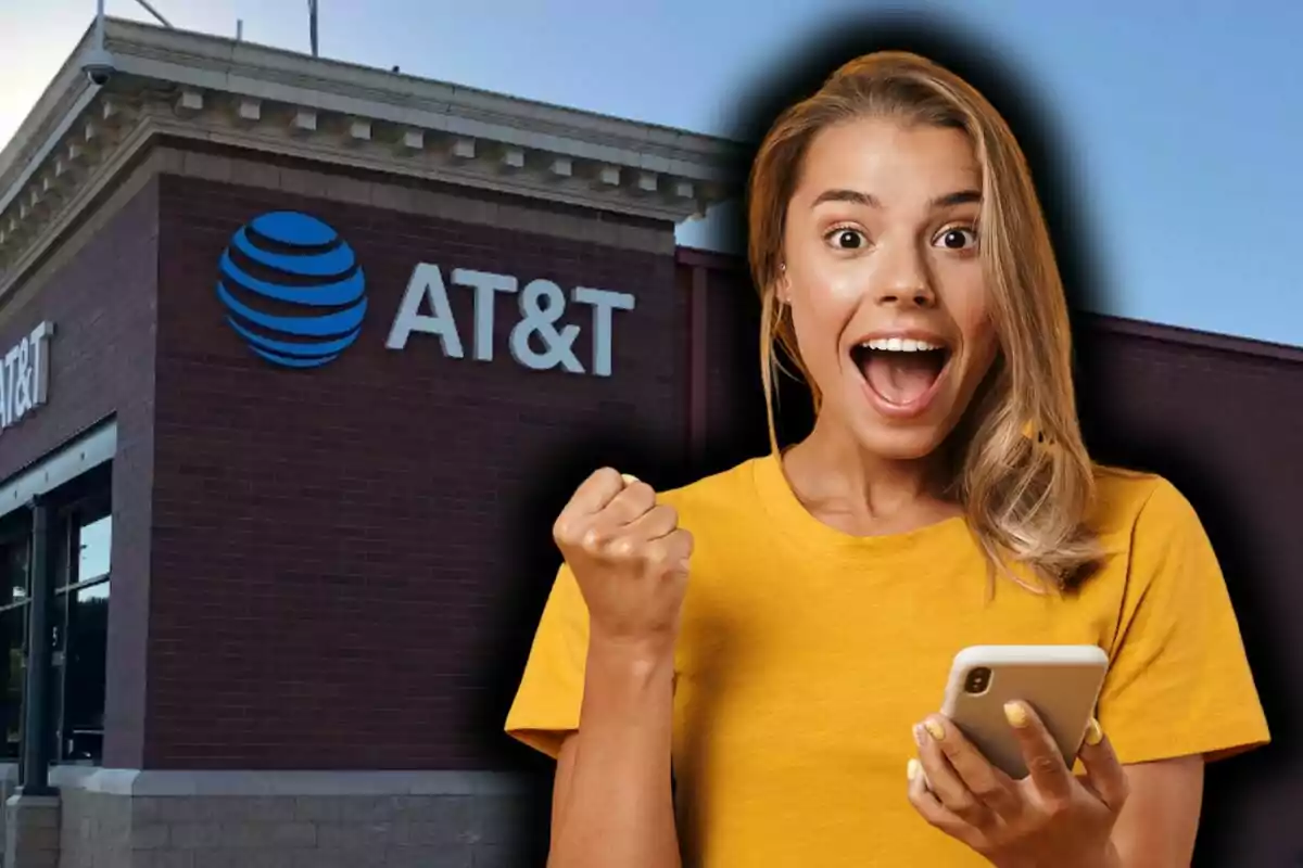 Una persona emocionada con un teléfono en la mano frente a una tienda de AT&T. Una persona emocionada con un teléfono en la mano frente a una tienda de AT&T.