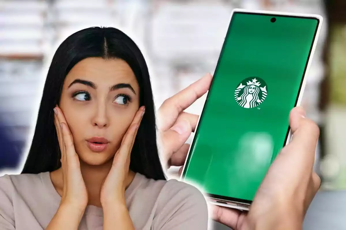 A woman with a surprised expression looking at a mobile phone with the Starbucks logo on the screen.