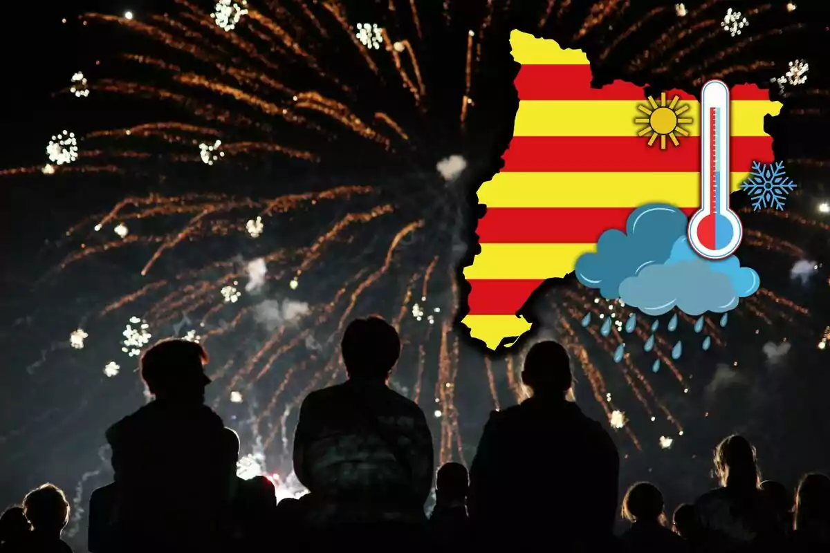 Persones observant focs artificials amb un mapa de Catalunya superposat, mostrant símbols meteorològics de sol, pluja i un termòmetre.