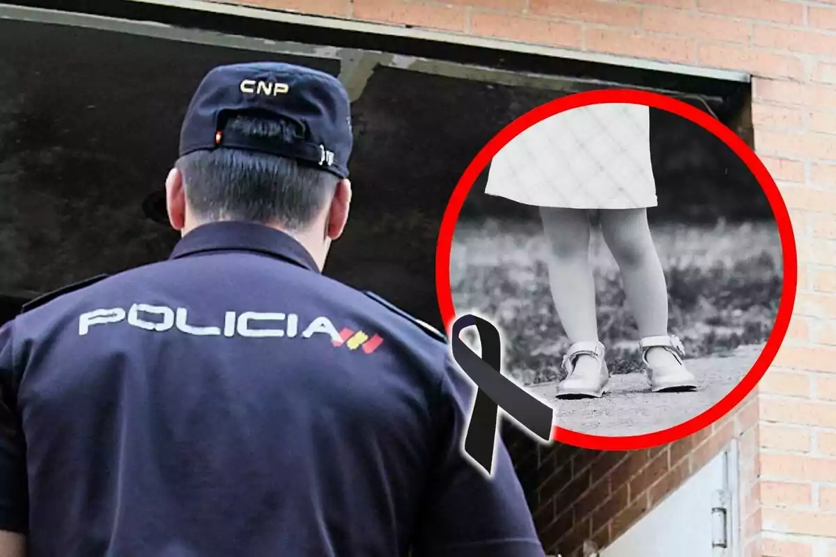 Un policia d’esquena amb uniforme i la paraula policia a l’esquena observa un cercle que mostra les cames d’una nena amb un llaç negre de dol superposat.