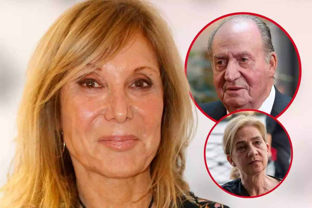 Muntatge de fotos de primer pla de Pilar Eyre i, al costat, una imatge de Joan Carles I i la infanta Cristina; tots amb rostre mig somrient