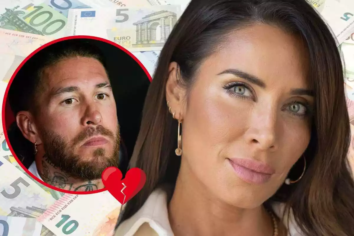 Muntatge de fotos de primer pla de Pilar Rubio, amb cara seriosa, i al costat una imatge de Sergio Ramos també amb el rostre seriós i un emoji d'un cor trencat al costat