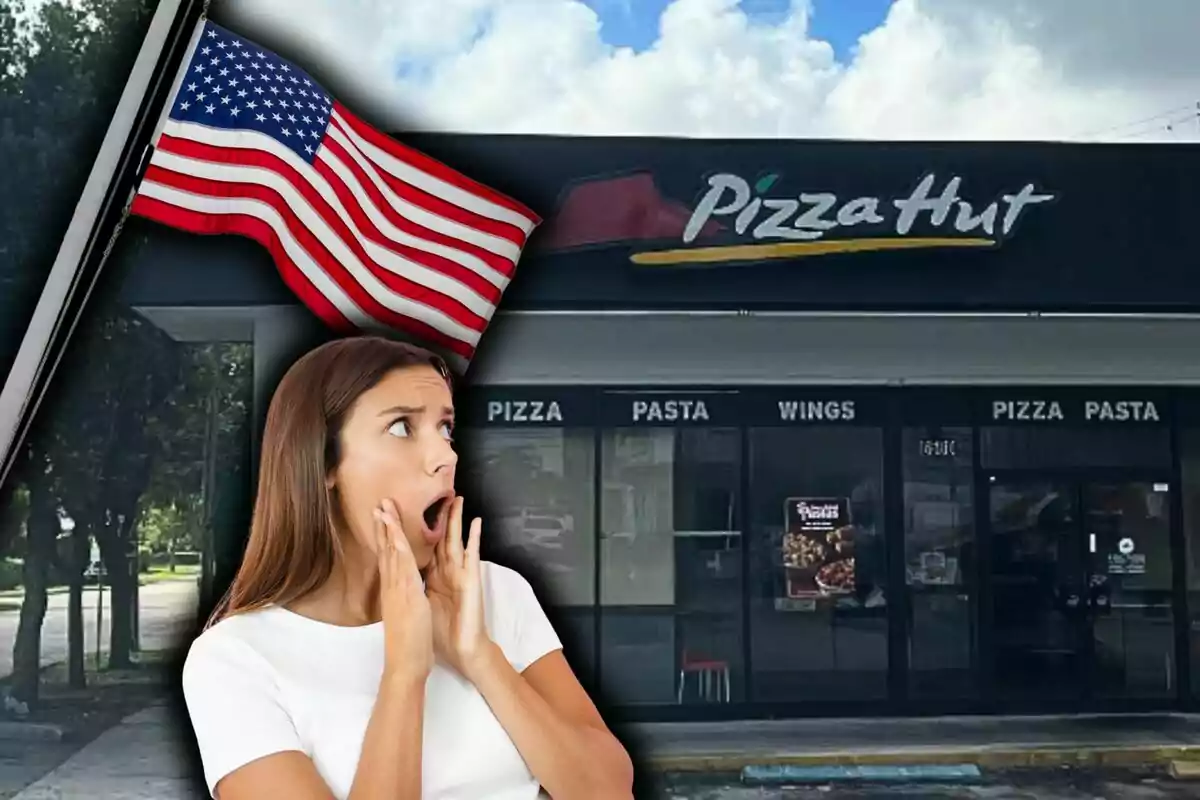 A woman with a surprised expression is in front of a Pizza Hut restaurant with a United States flag waving in the background.