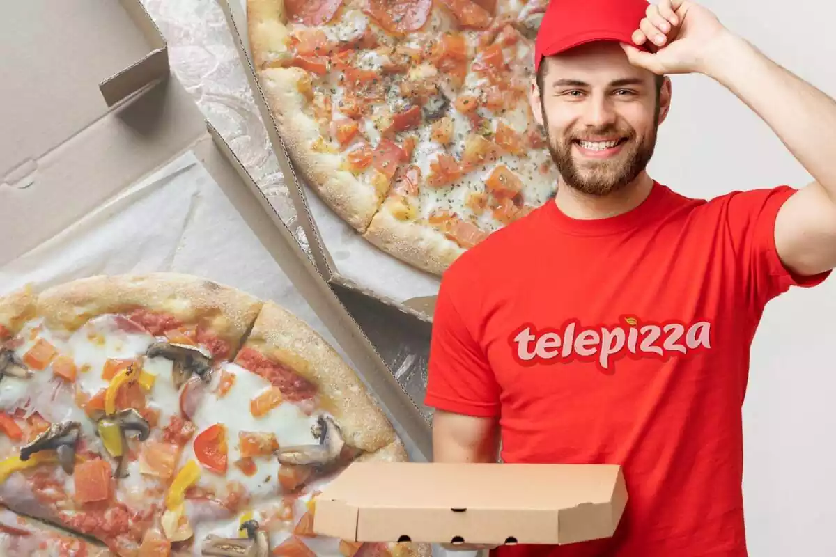 Muntatge de fotos d´unes pizzes tallades i, al costat, un treballador de Telepizza amb rostre somrient subjectant una caixa