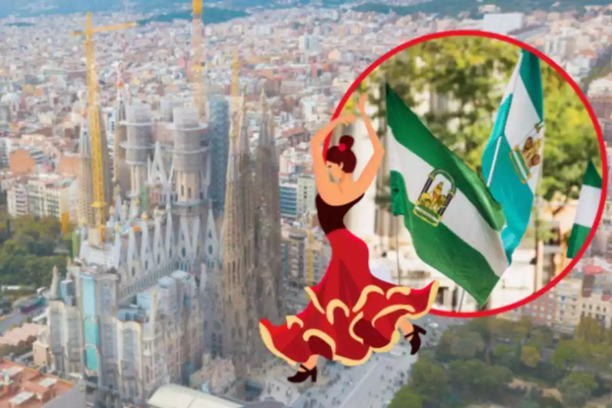 Muntatge de fotos d´un plànol general de la ciutat de Barcelona i, al costat, al´interior d´un cercle, la bandera d´Andalusia amb un emoji de flamenca