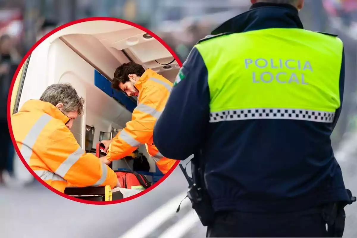 Muntatge de fotos d'un policia local d'esquena i, al costat, a l'interior d'un cercle, uns tècnics sanitaris treballant a l'interior d'una ambulància