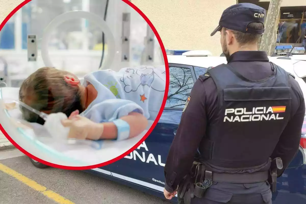 Muntatge de fotos d?un Policia Nacional d?esquena i, al costat, la imatge d?un nadó hospitalitzat