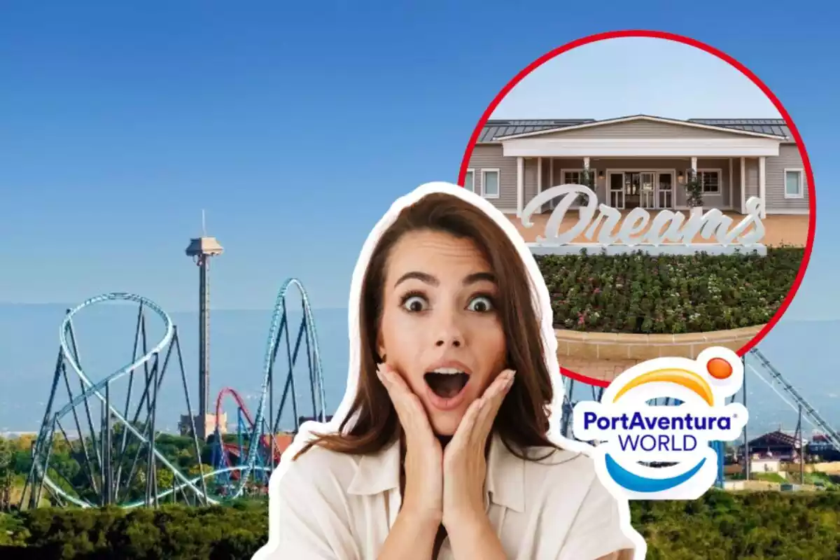 Muntatge de fotos del parc d'atraccions PortAventura i, al costat, el logotip amb una dona amb rostre de sorpresa