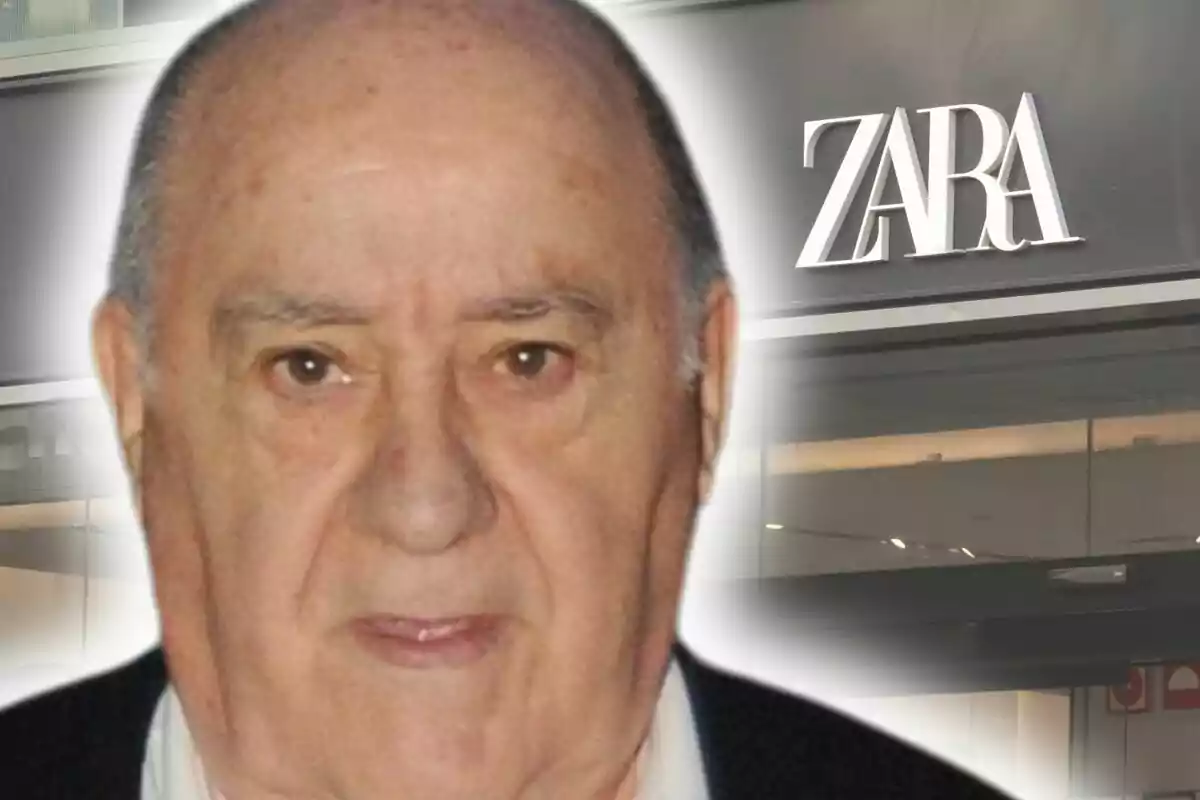 Photo montage of Amancio Ortega with a serious face in the foreground and a Zara store in the background.