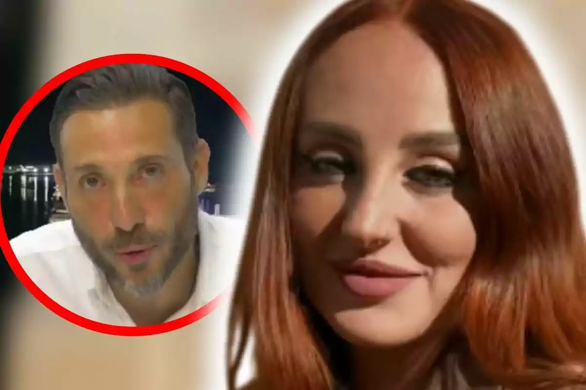 Two people in a photo montage, Rocío Flores with red hair in the foreground and Antonio David Flores in a red circle in the upper left corner.