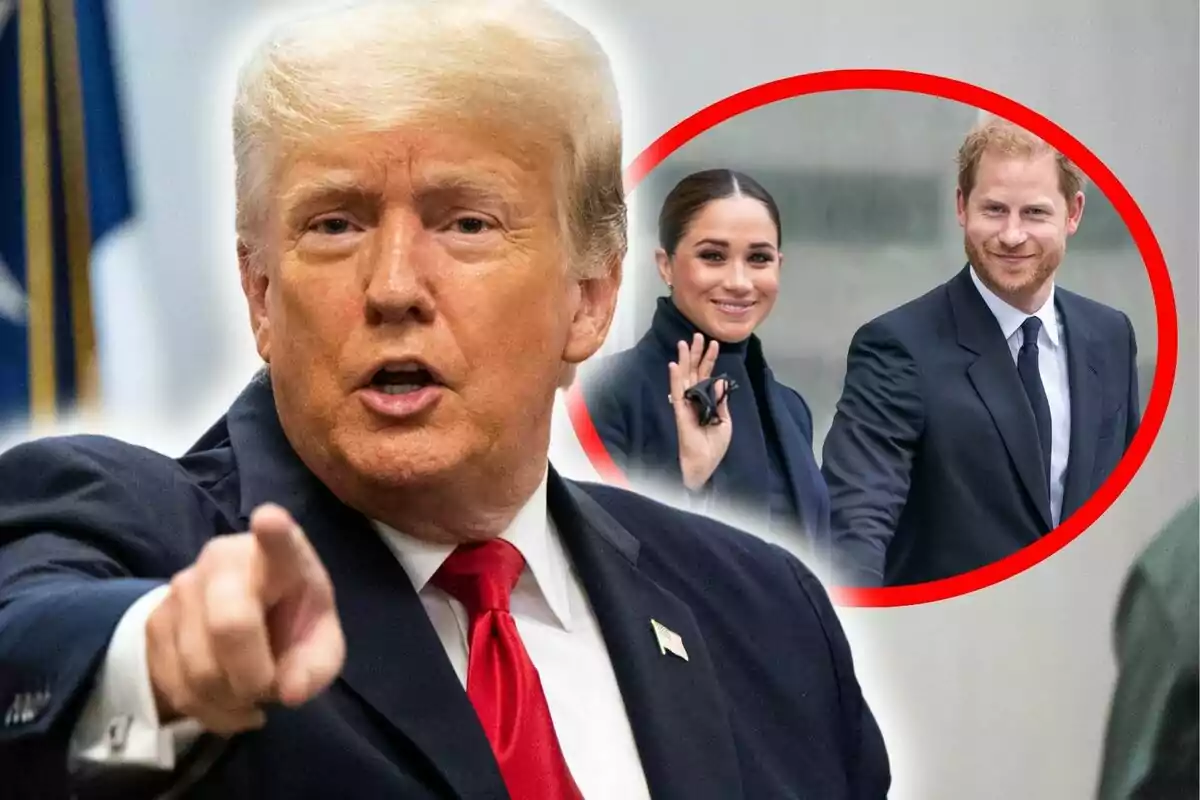 A blond-haired man in a dark suit, who is Donald Trump, points forward while a red circle shows a smiling and waving woman and man - who are Meghan Markle and Prince Harry.