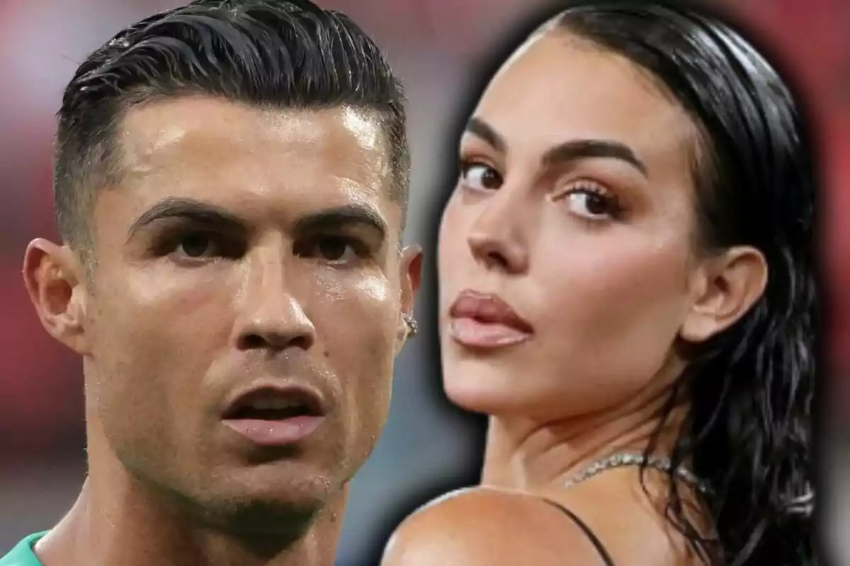Muntatge de fotos en primer pla de Cristiano Ronaldo i Georgina Rodríguez, tots dos mirant cap a la càmera amb expressions serioses.