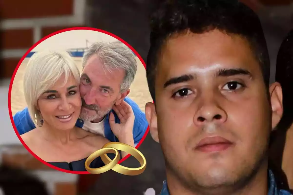 Muntatge de fotos de primer pla de José Fernando Ortega amb cara seriosa i, al costat, una imatge d'Ana María Aldón molt somrient amb el seu xicot; davant, un emoji d'unes aliances de casament