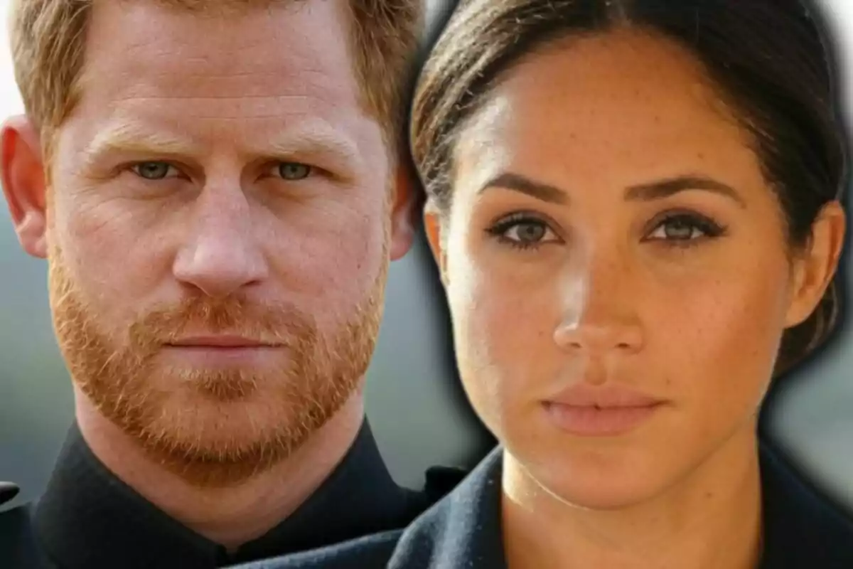 Montaje de fotos de primer plano del príncipe Harry y Meghan Markle, ambos con expresiones serias.