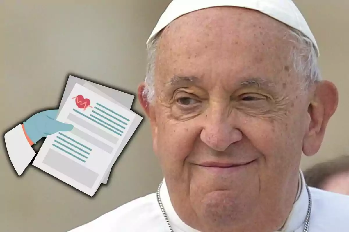 Close-up of Pope Francis in religious attire smiling while a gloved hand emoji holds a medical document next to him.