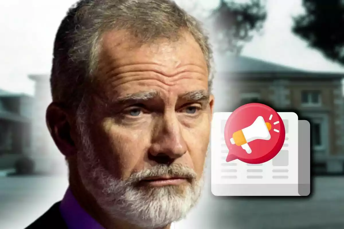 Close-up of King Felipe with a beard and a serious expression appears in the foreground with a megaphone icon and a blurred background.