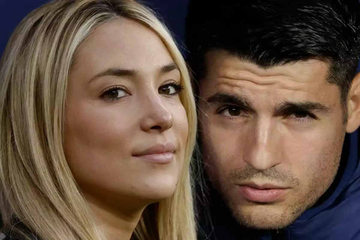 Muntatge de fotos en primer pla d’Álvaro Morata i Alice Campello, tots dos mirant cap a la càmera amb expressions neutres.