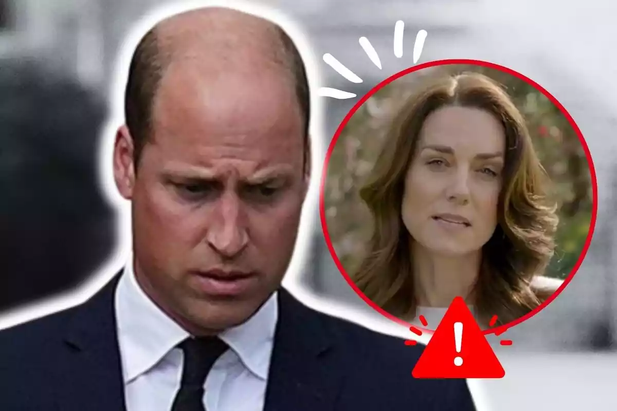 Muntatge de fotos de primer pla de Kate Middleton i el príncep Guillem, tots dos amb rostre seriós