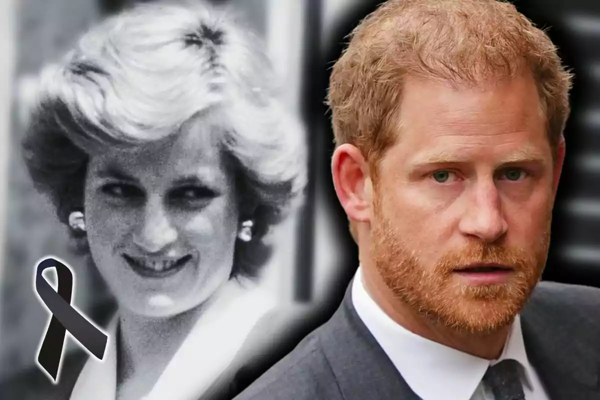 Montaje de fotos de una imagen de Lady Di en blanco y negro con un crespón negro y otra imagen del príncipe Harry con barba y traje.