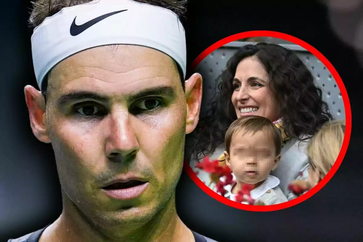 Close-up photo montage of Rafa Nadal with an image of his wife next to him, Xisca Perelló, holding their son, Rafa Nadal Jr.