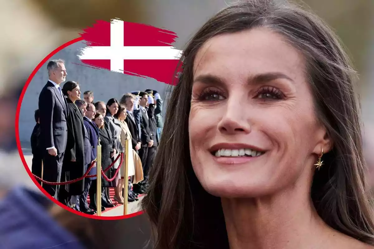 Muntatge de fotos de primer pla de la reina Letizia en primer pla i, al costat, una imatge dels Reis d'Espanya en la visita a Dinamarca