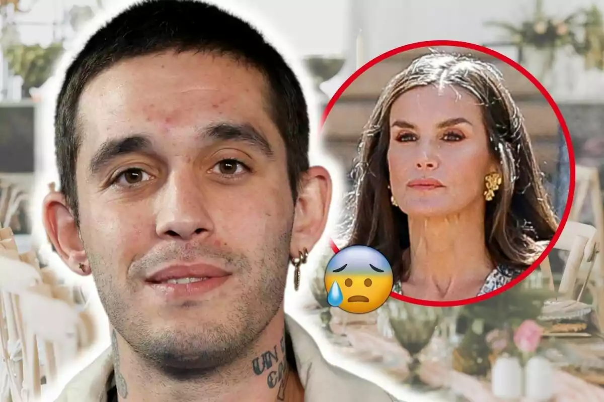 Víctor Elías amb tatuatges i arracades apareix en primer pla, mentre que al fons es veu la imatge de Letizia Ortiz emmarcada en un cercle vermell amb un emoji de cara preocupada.