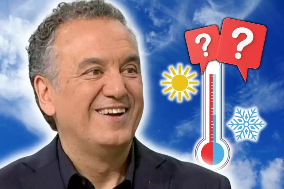 Primer plano de Roberto Brasero sonriendo con fondo de cielo azul, un sol, un termómetro y un copo de nieve. Primer plano de Roberto Brasero sonriendo con fondo de cielo azul, un sol, un termómetro y un copo de nieve.