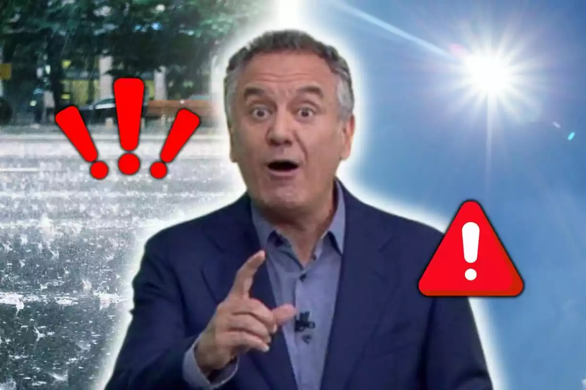 Muntatge de fotos de Roberto Brasero amb expressió de sorpresa al centre, fons dividit entre pluja intensa i sol brillant, amb símbols d’advertència i exclamació en vermell. Muntatge de fotos de Roberto Brasero amb expressió de sorpresa al centre, fons dividit entre pluja intensa i sol brillant, amb símbols d’advertència i exclamació en vermell.