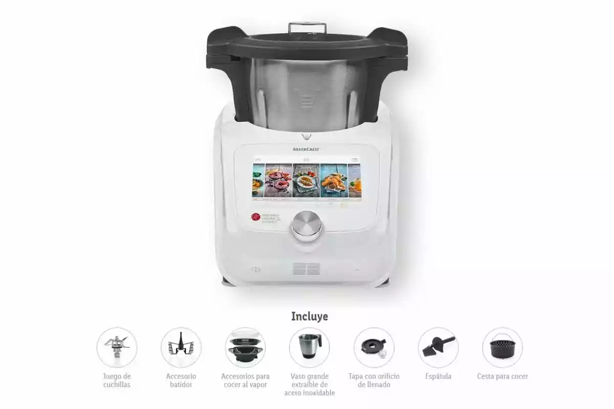 Image of a multifunctional kitchen robot from Lidl with a touchscreen and various accessories included such as blades, whisk, steaming accessories, stainless steel cup, lid with filling hole, spatula, and steaming basket.