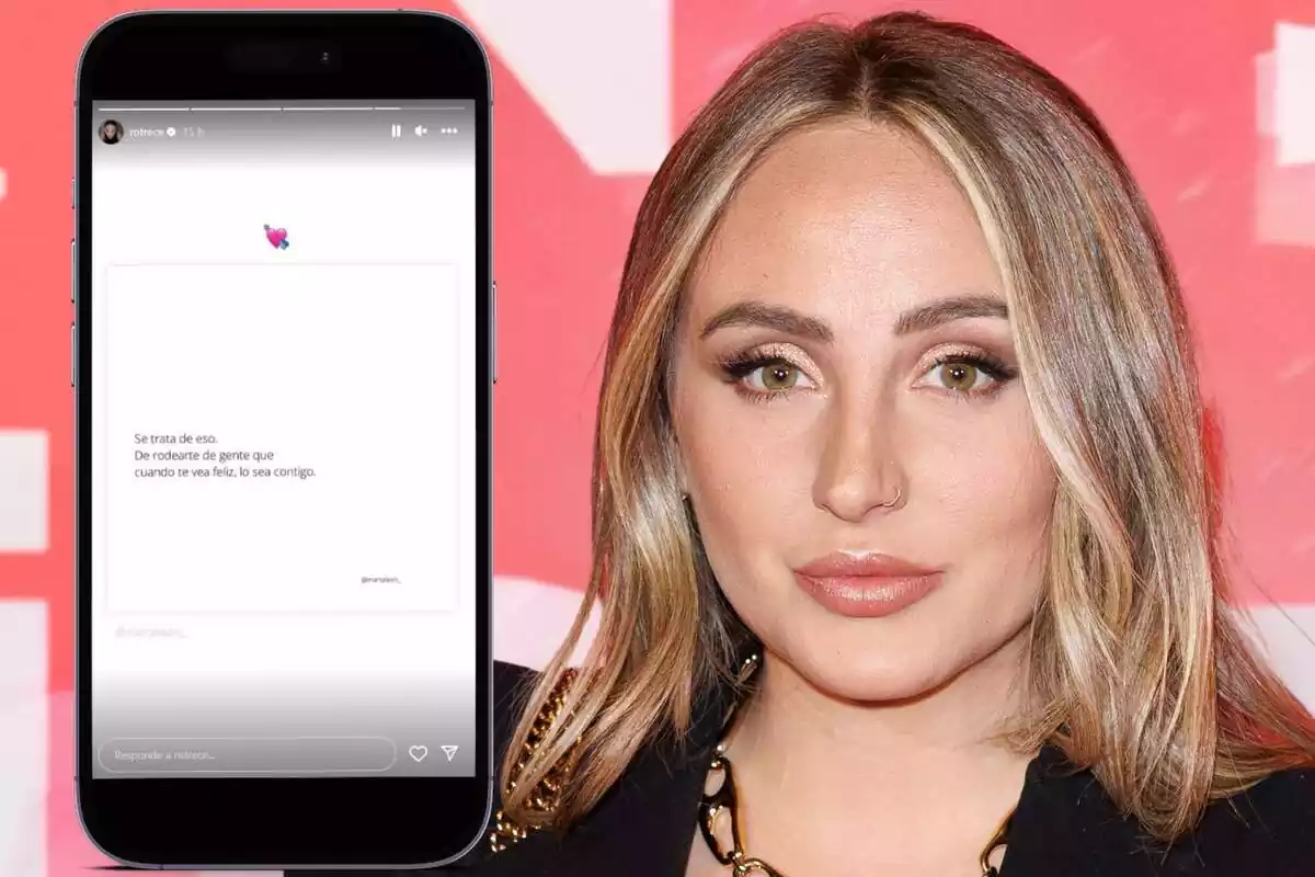 Muntatge de fotos de primer pla de Rocío Flores amb un telèfon mòbil al costat que mostra una història d'Instagram que ha pujat recentment compartint una reflexió