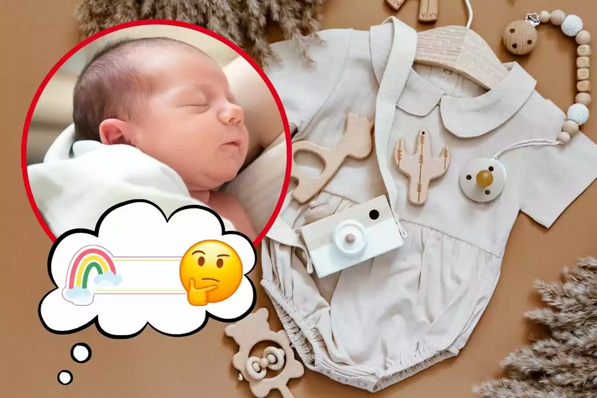 Muntatge de fotos de roba de nadó i, al costat, la imatge d'un nounat amb un emoji pensatiu