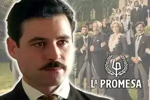 Arturo Sancho con bigote aparece en primer plano, mientras que en el fondo se ve un grupo de personas vestidas de época, con el título 