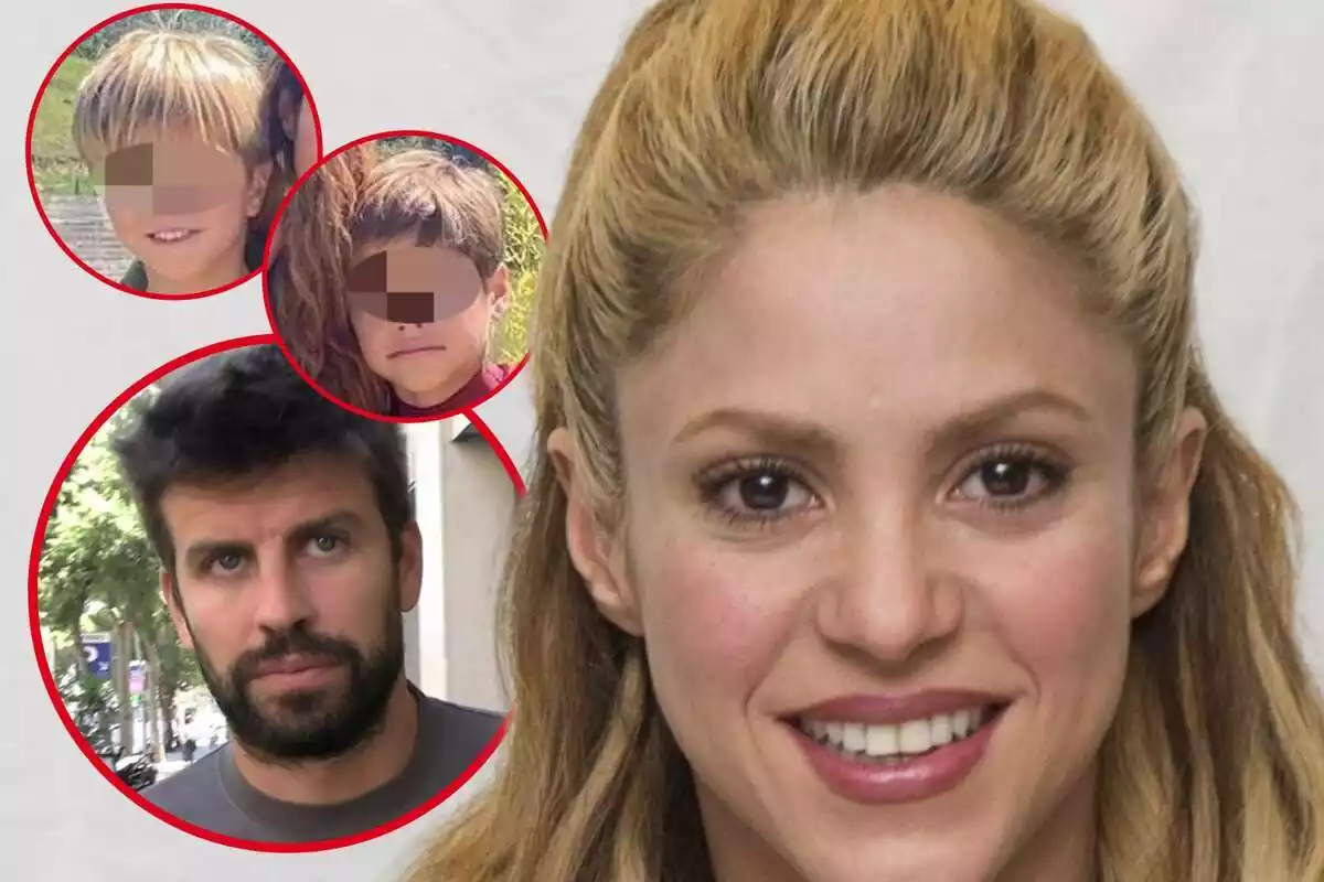 Muntatge de fotos de primer pla de Shakira amb rostre somrient i, al costat, imatges de Gerard Piqué, Sasha Piqué i Milan Piqué