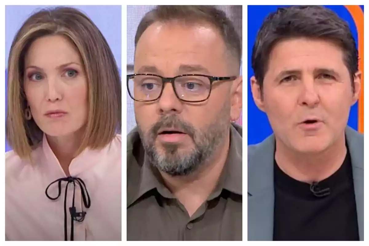 Tres persones en primer pla durant un programa de televisió —que són Silvia Intxaurrondo, Antonio Maestre i Jesús Cintora—, cadascuna en un requadre separat, amb expressions serioses i fons d’estudi. Tres persones en primer pla durant un programa de televisió —que són Silvia Intxaurrondo, Antonio Maestre i Jesús Cintora—, cadascuna en un requadre separat, amb expressions serioses i fons d’estudi.
