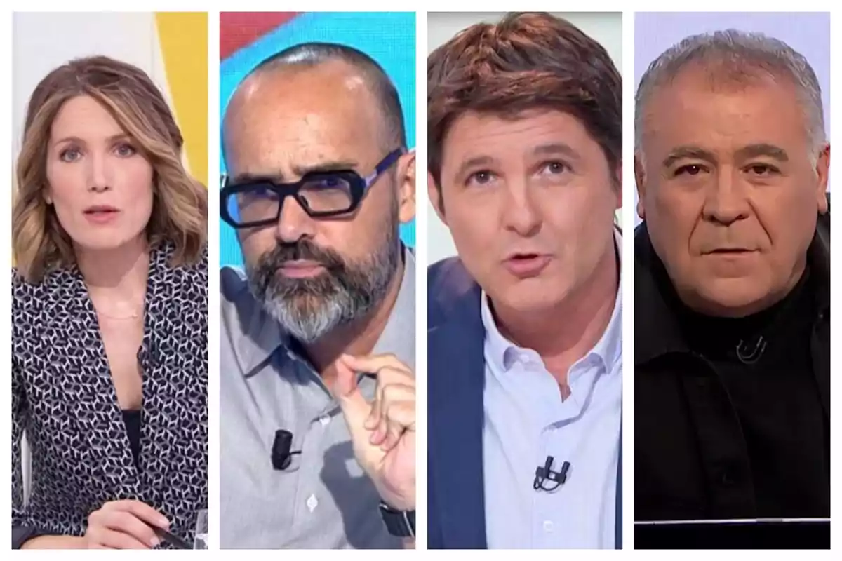 Quatre presentadors de televisió —Silvia Intxaurrondo, Risto Mejide, Jesús Cintora i Antonio García Ferreras— apareixen en primer pla, cadascun en el seu propi requadre, mirant cap a la càmera amb expressions serioses. Quatre presentadors de televisió —Silvia Intxaurrondo, Risto Mejide, Jesús Cintora i Antonio García Ferreras— apareixen en primer pla, cadascun en el seu propi requadre, mirant cap a la càmera amb expressions serioses.