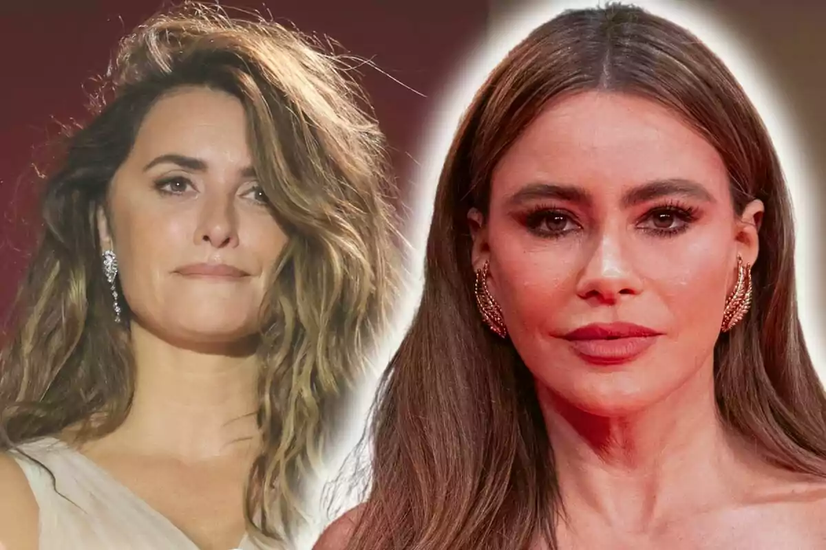 Montaje de fotos de primer plano de Sofía Vergara y de Penélope Cruz, ambas con rostro serio.