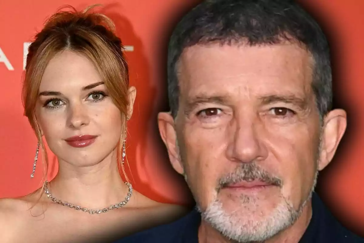 Montaje de fotos de primer plano de Antonio Banderas y Stella del Carmen, ambos con rostro serio.