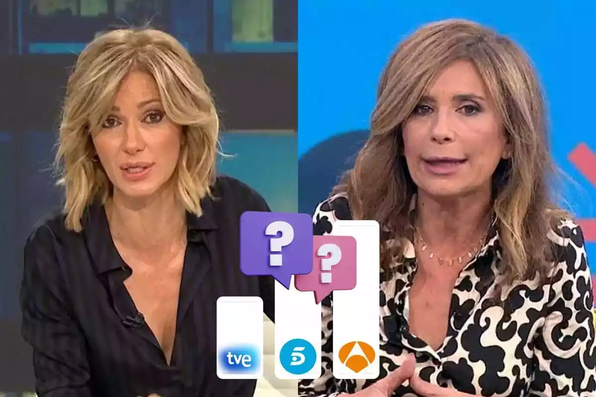 Muntatge de fotos de Susanna Griso i Gema López, als platós dels seus respectius programes, amb rostre seriós, i al centre un gràfic de barres amb interrogants