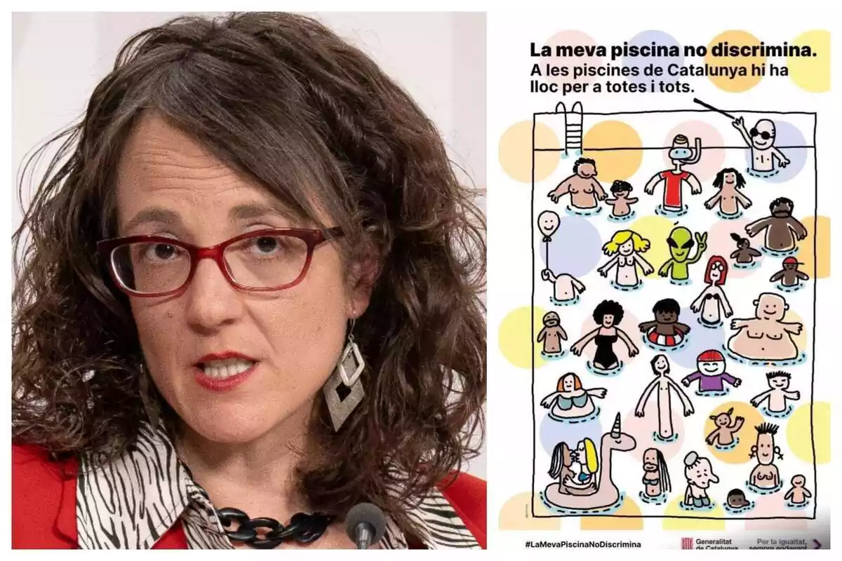 Muntatge de fotos de Tània Verge i el cartell de la Generalitat de Catalunya que té el títol: 'La meva piscina no discrimina'