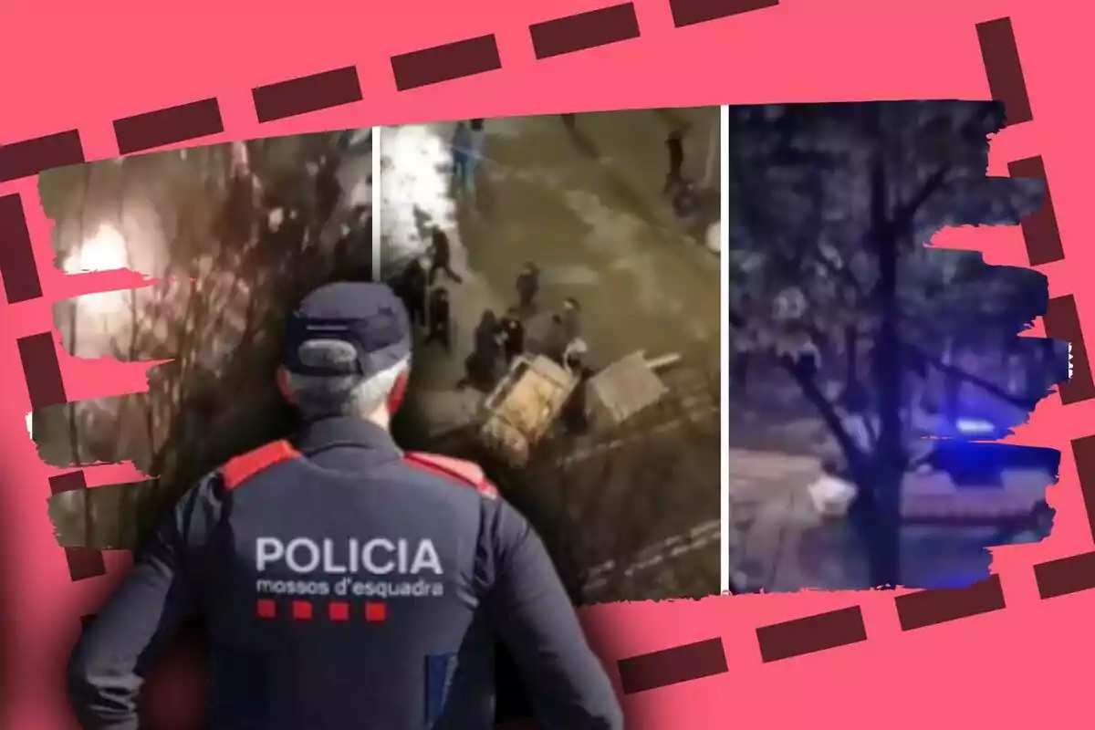 Un agent de policia d'esquena observa imatges d'una intervenció nocturna amb diverses persones i llums de patrulles en un entorn urbà.