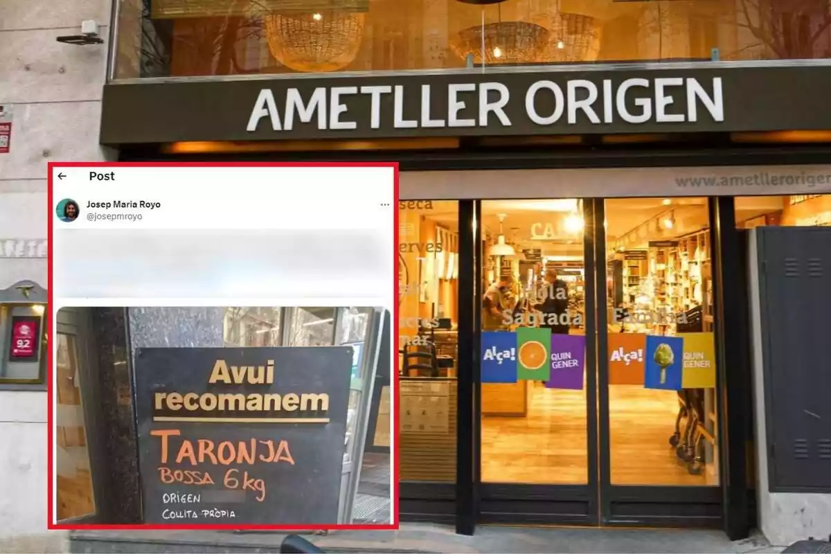 Muntatge de fotos d'una botiga Ametller Origen i, al costat, la captura de pantalla d'un tweet amb contingut difuminat